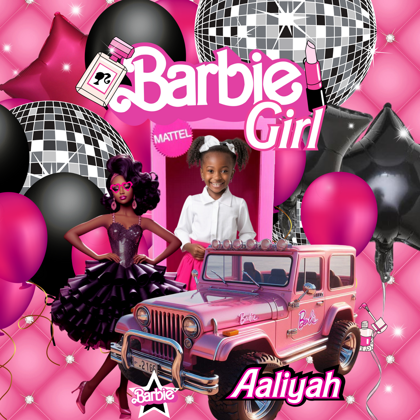 Barbie-themed promotional image with a child and Barbie dolls on a pink background.