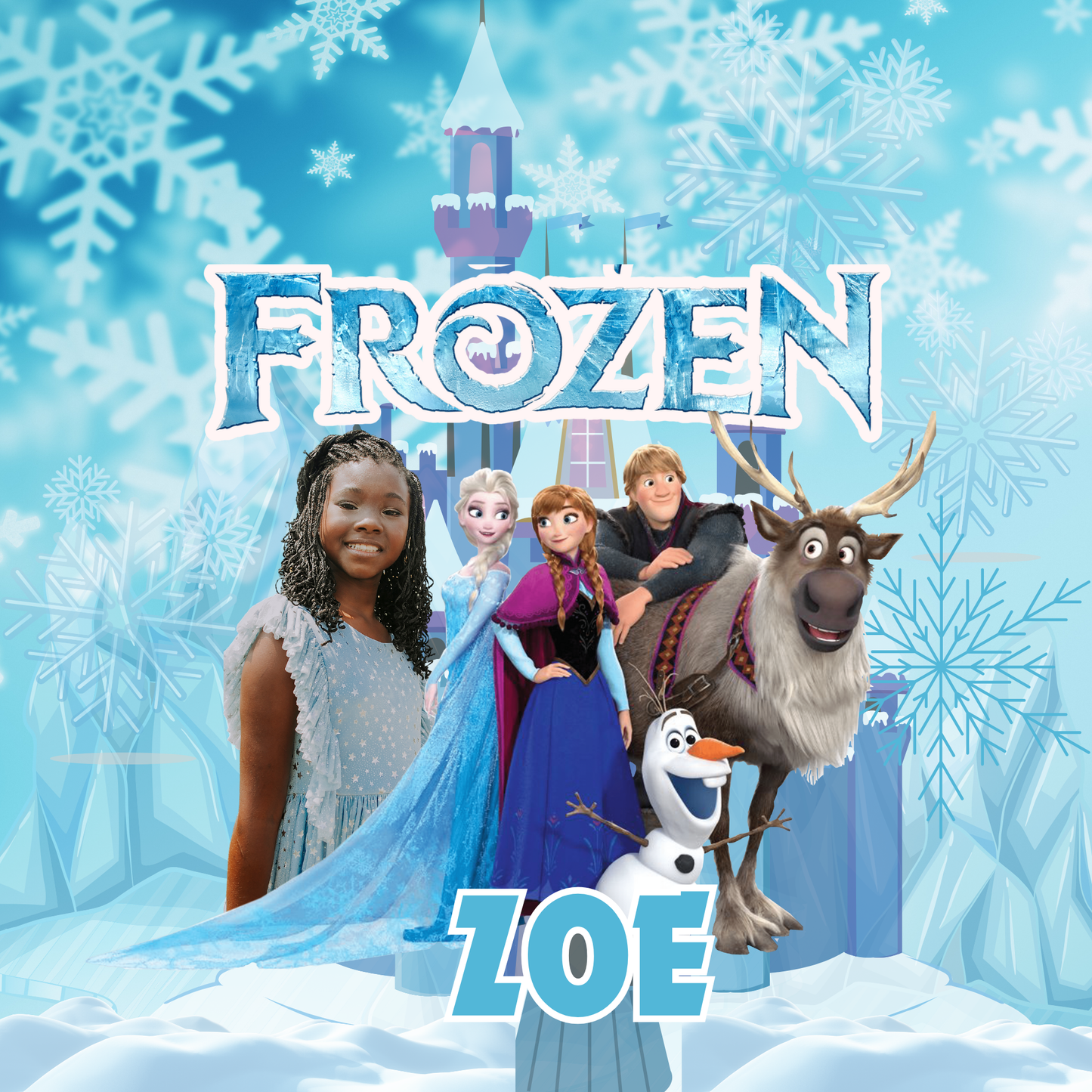 Promotional image for 'Frozen' with characters and snowflakes