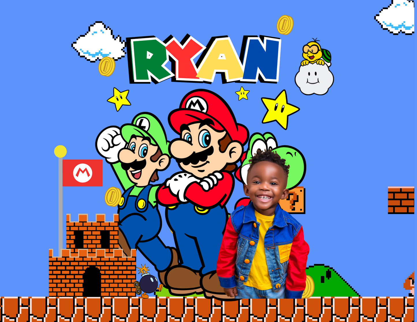 Child posing with cartoon characters on a colorful 'Super Mario' themed background