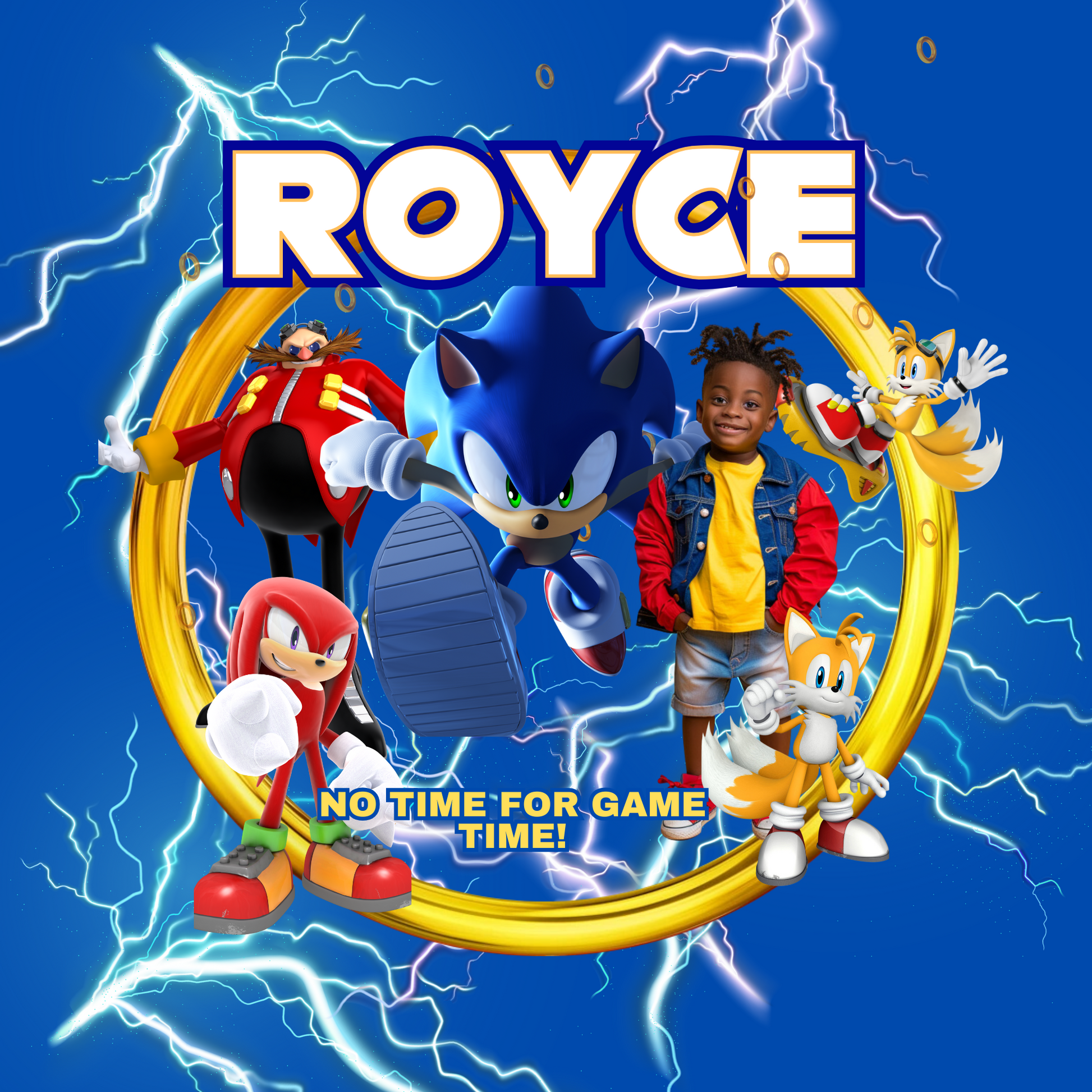 Cartoon characters with a child in the center on a blue background with lightning effects.