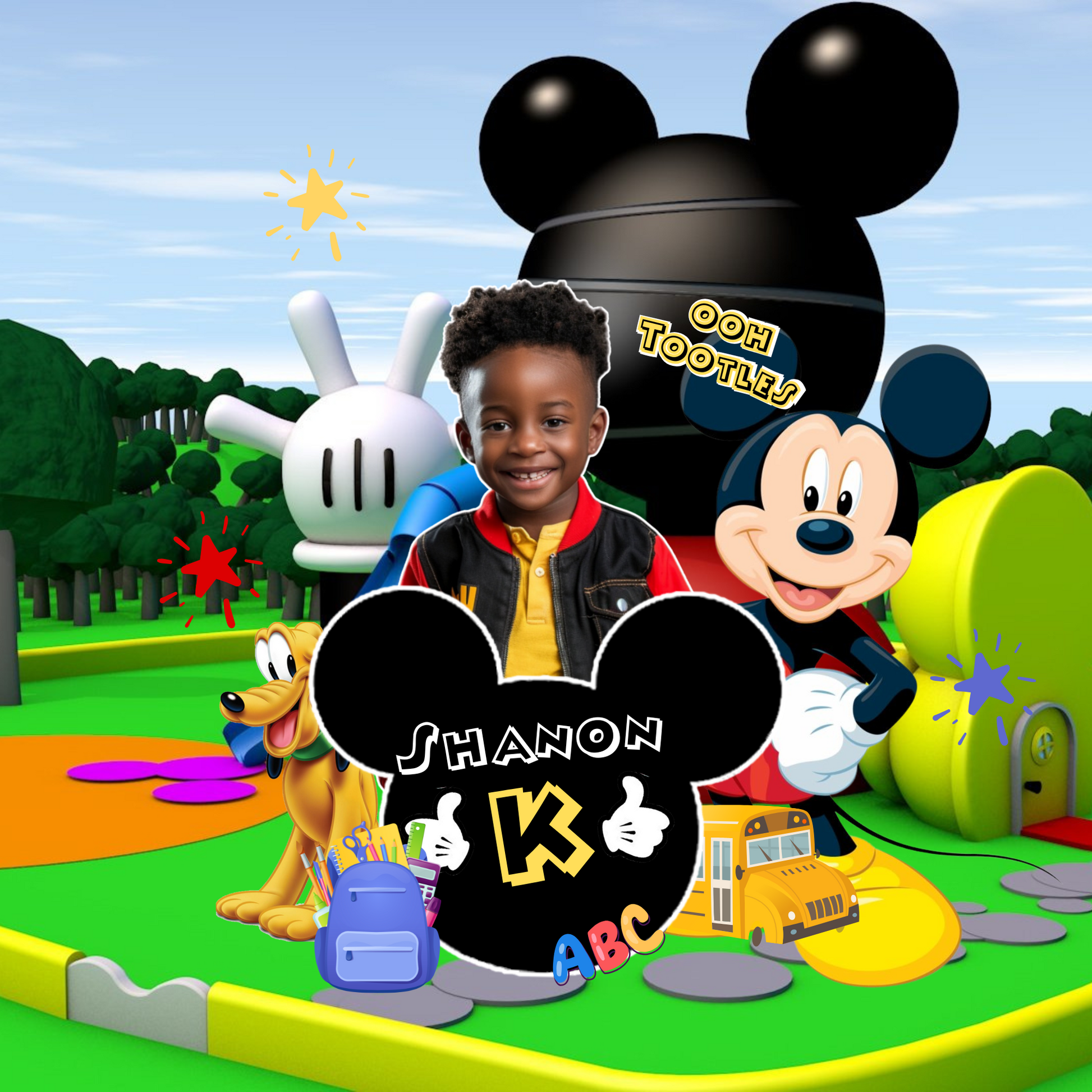 Child with cartoon characters in a colorful outdoor setting, featuring 'Shannon K' branding.